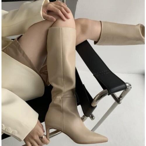 Nude Black Soft Leather Knee High Boots Woman Slip On Pleated Stiletto Heel Boots Pointed Toe Solid Thin High Heel Dress Shoes