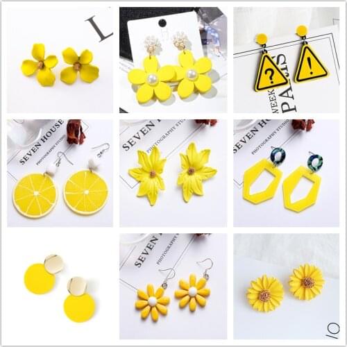 Yellow Color Drop Earrings for Women 2020 Summer Korean Design Geometric Flower Heart Earrings Creative Sweet Wedding Jewelry