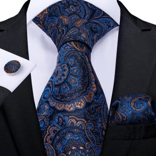 Blue Gold Paisley Ties For Men 8cm Mens Silk Neck Tie Handkerchief Cufflinks Set Business Wedding Tie Gift For Men DiBanGu