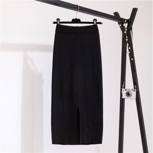 Warm Knitted Pencil Skirts Womens 2021 Autumn Spring High Waisted Elastic Back Split Ribbed Midi Skirt Female Solid Black