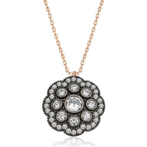 Tevuli 925 Sterling Silver Flower Pattern Diamond Montür Necklace