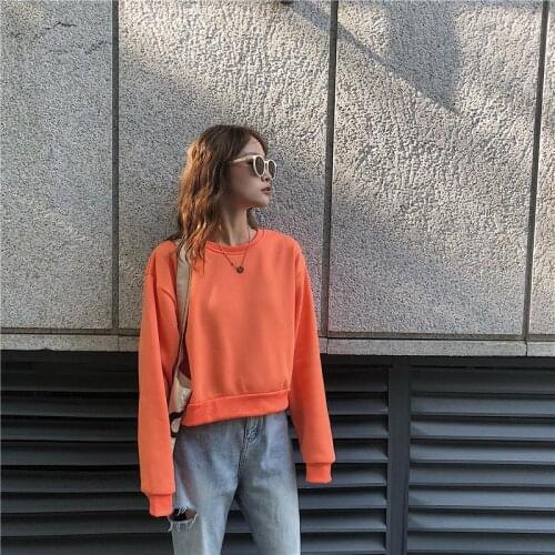 Long Sleeve O-neck Hoody Loose Women Polyester Elegant Slim Pullovers Harakuju Short Sweatshirts XXL Autumn Spring Kpop Clothes