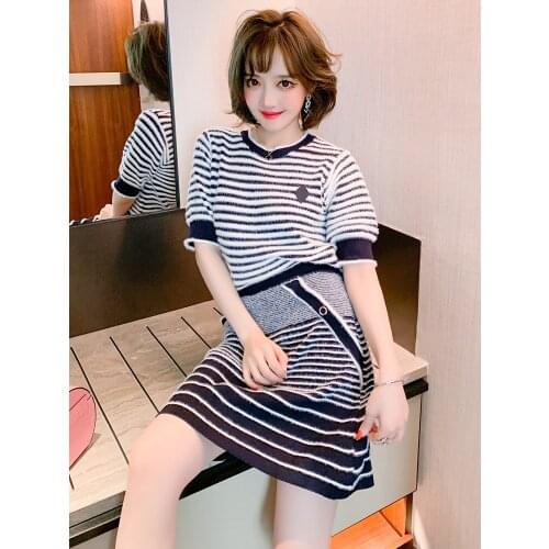 Top Quality Striped Plush knitted round neck top+Stretch high waist skirt suit womens summer style