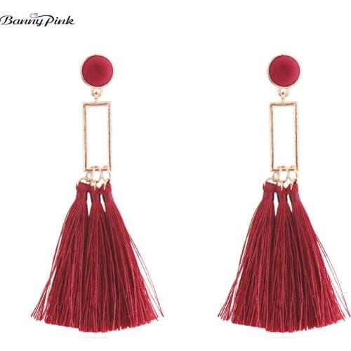 Banny Pink long Geometric Statement Studs Earrings For Women 6 Color Cotton Fringe Tassle Earrings Wedding Post Earrings Brincos