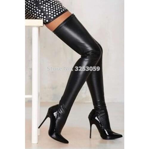 Women Long Boots Pointed Toe Black Patent Leather Patchwork Over The Knee Boots Slim Fit Thin High Heels Outdoor Boots Footwear