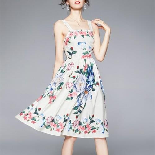 Bohemia 2021 Summer Dress For Women Designer Spaghetti Strap Colorful Floral Print Elegant Knee-Length A-Line Dress Vestidos