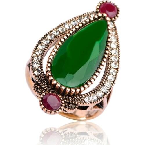 Blucome Big Size Crystal Wide Ring Antique Gold Color Red Resin Appointment Turkish Jewelry Vintage Rings For Women joyeria uk