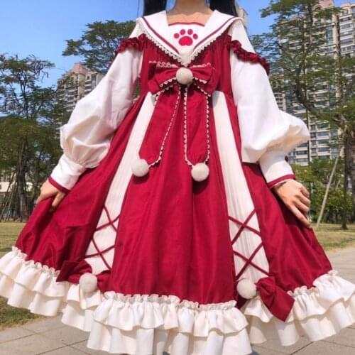 MAGOGO Classical Lolita OP Dress Navy Collar Long Sleeve Japanese Soft Sister Girl Big Bow Female Dress