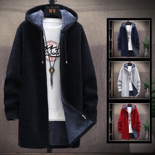 Winter Long Sweater for Men Wool Liner Fleece Warm Cardigan Solid Knitted Mens Coat Hooded Hoodies Jacket Parka 2021