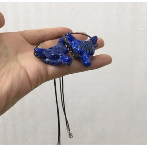 1pcs natural stones and minerals lapis lazuli wolf head figurine pandent reiki healing crystals handmade necklace with hide rope