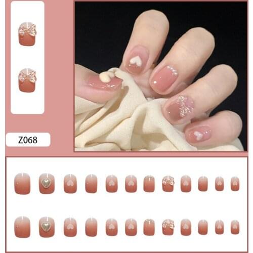 24pcs Love Heart Print Nail Patch Pearl Inlaid Glue Type Removable Short Paragraph Fashion Manicure False Nail Patch WD