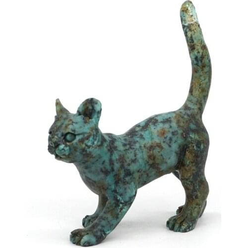 3.95" Cat Natural Gemstone African Turquoise Hand Carved Animal Statue Decor