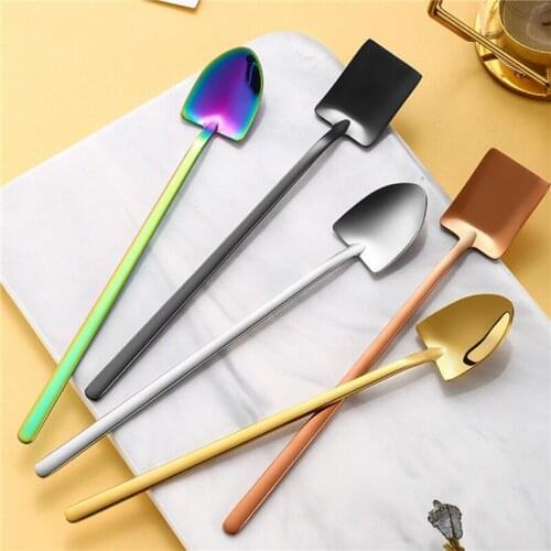 5 Colors Creative Metal Ice Cream Coffee Spoon Shovel Shape Tea Spoons Afternoon Tea Dessert Long Handle Ice Cream Spoons