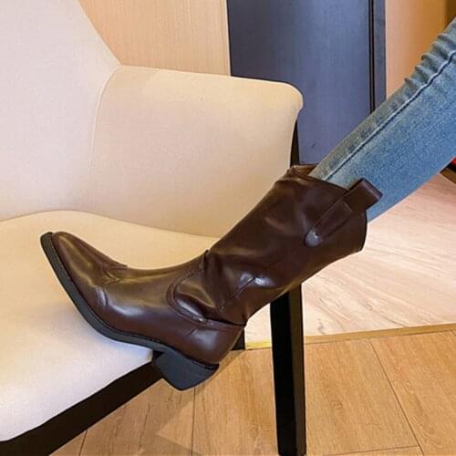 ENMAYER Mid-calf Boots Women Shoes High Quality Leather Handmade Ladies Boot Thick Bottom Chelsea Boots Women Boots