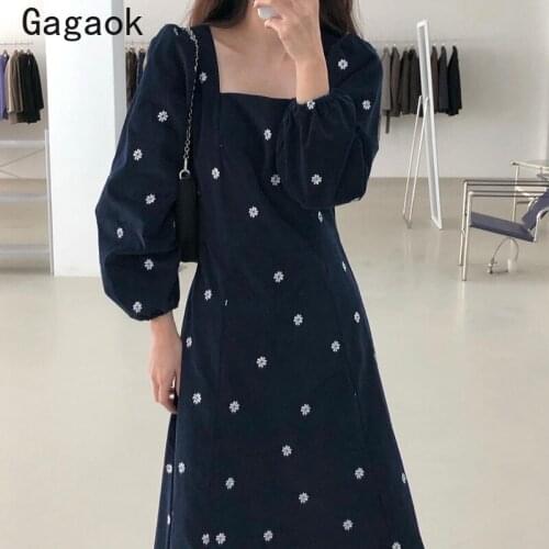 Gagaok Women Korean Dress 2020 Spring Autumn New Vintage Square Collar Floral Embroidery Midi Dresses Slim Chic Fashion Vestidos