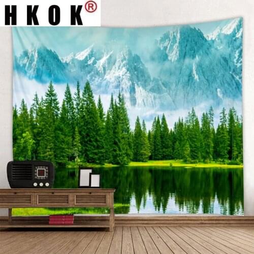 HKOK Sky Forest Lake Beach Mountain Landscape Tapestry Hanging Covering Rugs Background Cloth Beach Mat Blanket Art Bedroom Home