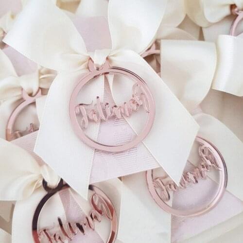 50 Pcs Personalized Laser Cut Baby Name Rose Gold Mirror Round Decor For Baptism Christening Customized Circle Tags Bags Favors