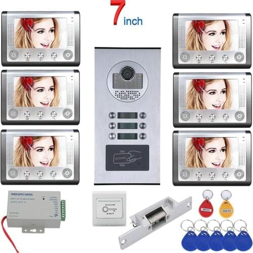 Apartment 7" LCD Video Door Phone Intercom System + RFID Access Outdoor Camera for 6 Family + Electric Strike Lock