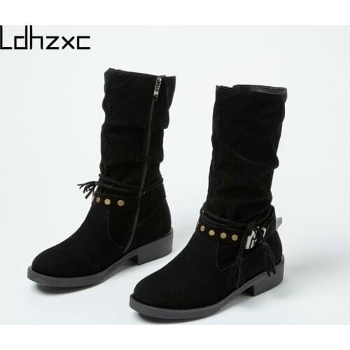 LDHZXC Plus Size 34-45 Full Flock Leather Boots Women Black Brown Suede Winter Knee High Boots Ladies Long Botas