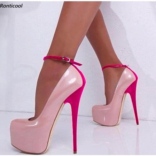 Ronticool New Arrival Women Shiny Pumps Ankle Strap Stiletto High Heels Round Toe Pretty 6 Colors Party Shoes US Plus Size 5-13