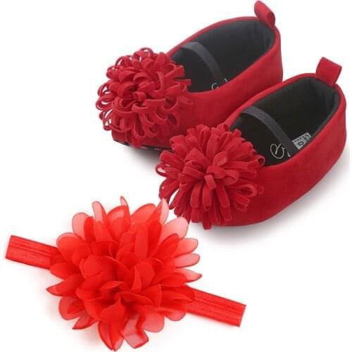 0-18M Infant Girl Shoes Baby Girl First Walkers Infants Flower Princess Shoes with Headwear Headband Infants Set