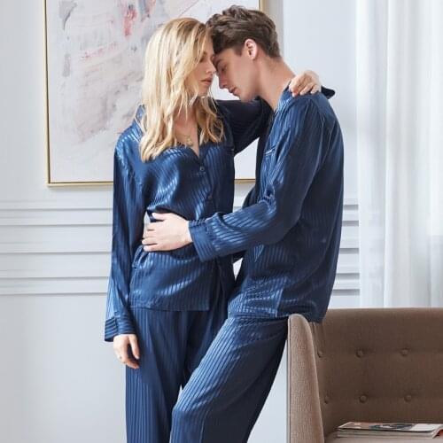 Xifenni Pajamas Sexy Faux Silk Sleepwear Male Female Fashion Blue Striped Satin Silk Couple Pyjama Sets Casual Home Clothes 2506