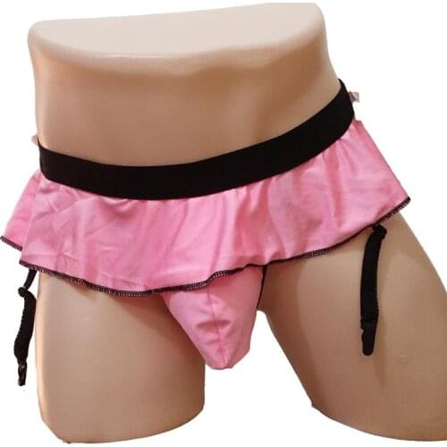 Men Sexy Sissy Crossdressing Pouch Skirted Panties Lingerie Bikini Jock Strap Briefs G-String Underwear with Bow Garter Belt