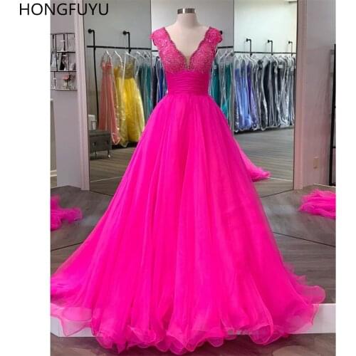 HONGFUYU Hot Pink V-neck Evening Gowns Beading Tulle Prom Pageant Dresses Cap Sleeves Empire Ball Gown Formal Dress Zipper Back