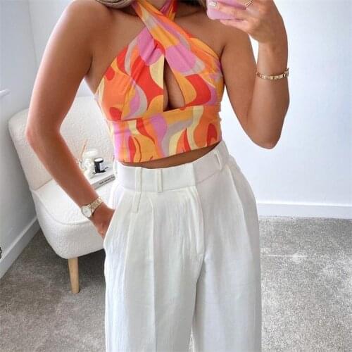 ZXQJ Women 2021 Fashion Sexy Printing Halter Cropped Blouse Vintage Slim Sleeveless Elastic Hem Female Shirts Chic Tops