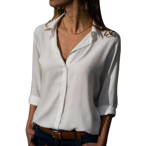 Office Lady Autumn Deep V Neck Turn Down Collar Chiffon Loose Buttons Down Shirt