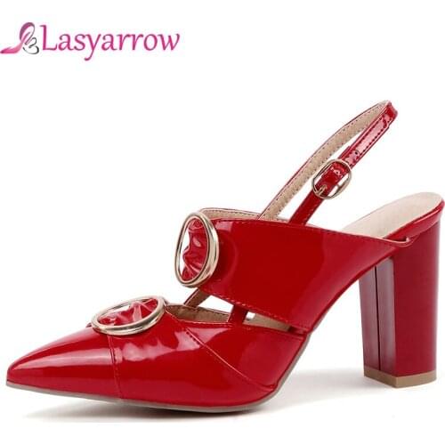 LasyarrowShoes Women Chunky High Heels Pointed Toe Summer Sandalias Mujer 2019 Patent Leather Sexy Slingback Party Wedding Shoes