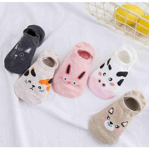 5pairs Women Socks Set Cartoon Koren Cotton Invisible Sox Cute Animal Girls Kawaii Ankle Socks Harajuku Breathable Size 35-41