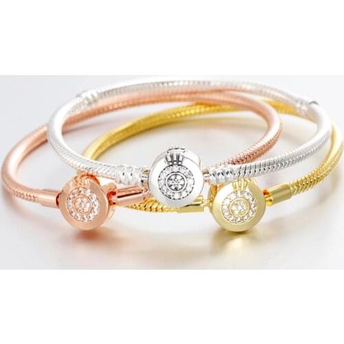 Free Shipping Shine Rose Moments Sparkling Crown O Snake Chain Bracelet Fit Original Charm For Women DIY Jewelry