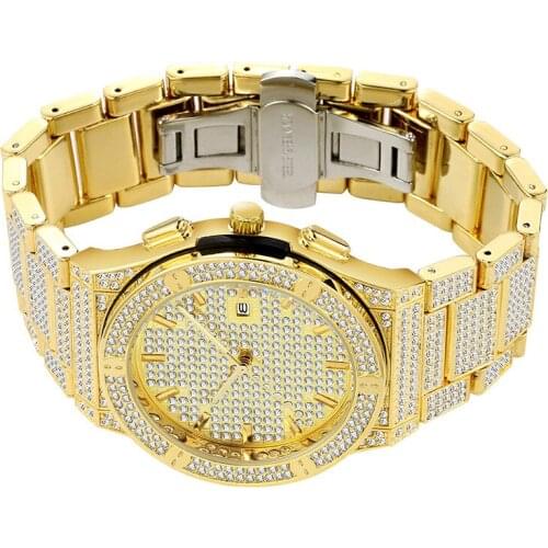 Hip Hop Mens Date Quartz Watch Waterproof Watches CZ Stone Paved Bling Iced Out Stainless Steel Watch for Men Charm Jewelry