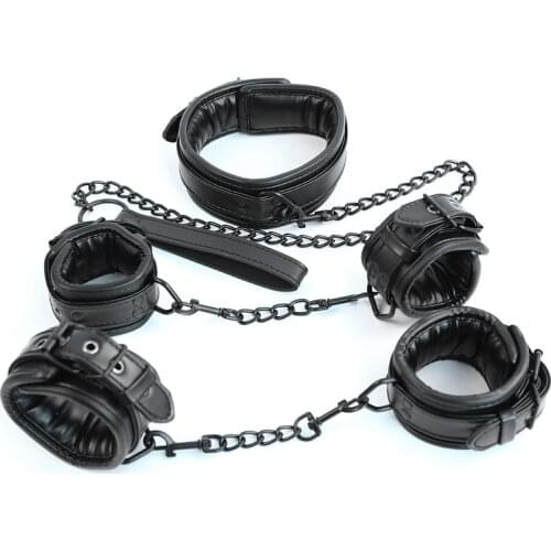 Black Leather Bdsm Bondage Set 3pcs Restraints Collars Ankle Cuff Handcuffs For Sex Bondage Set Sex Toys For Women Adults
