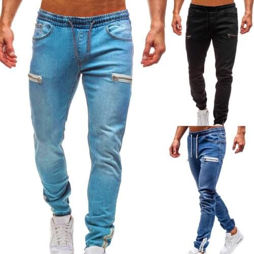 Fashion Men Denim Pants Breathable Frosted Zipper Drawstring Summer Men Multi Pockets Ankle Tied Jeans for Dating