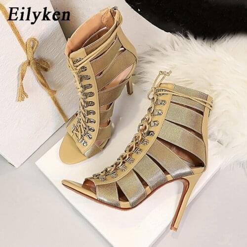 Eilyken 2021 New Fashion Summer Boot Sandals Lace Up Cross-tied Peep Toe High Heel Ankle Strap Narrow Surface Hollow Out Sandals
