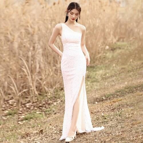 Elegant One-Shoulder Evening Dresses Sleeveless Simple Mermaid Sequins New Floor-length Plus size Women Formal Party Dress C1106