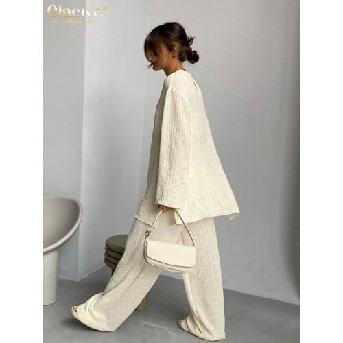 Clacive Fashion Loose 2 Piece Pants Set Women Casual Long Sleeve T-Shrit Matching Wide Trousers Suit Vintage High Wasit Pant Set