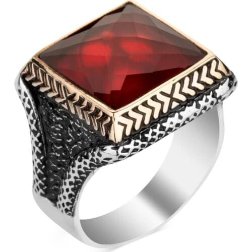 925 Sterling Silver Square Design Mens Ring with Red Zircon Stone Exclusive Ring for Men Zirconia Ring Male Ring