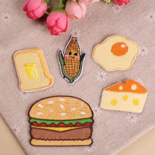 Poached Egg Hamburger cheese Bread Fruit Embroidery Corn Patches for Clothing Iron Kids Clothes Appliques Badge Free Delivery