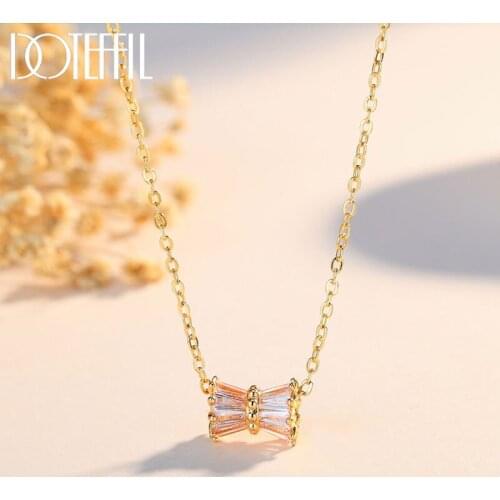 DOTEFFIL 925 Sterling Silver 18 Inch Gold Bowknot AAA Zircon Necklace For Women Fashion Engagement Wedding Party Charm Jewelry