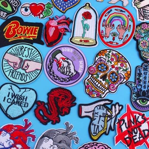 Pulaqi Rock Heart Biker Patches On Clothes DIY Iron On Embroidered Patches For Clothing Punk Applique Stripes Badge On Clothes