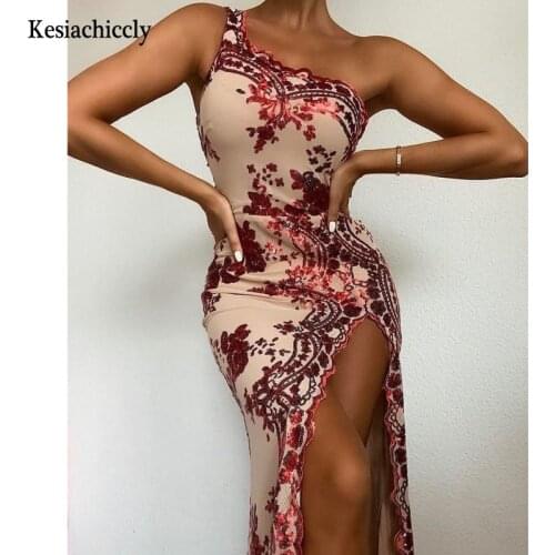 Kesiachiccly High Split Sexy Bodycon Sequin Dress Women Elegant Vestido Summer One Shoulder Floral Glitter Party Maxi Long Dress
