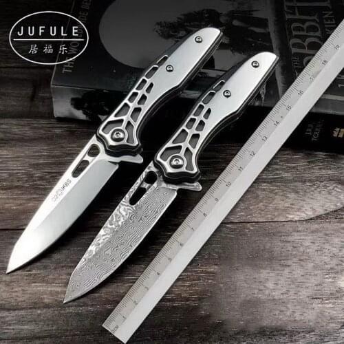 JUFULE 2018 Design Snowy Vg10 Damascus / D2 folding bearing flipper steel handle camp hunt utility EDC tool dinner kitchen knife
