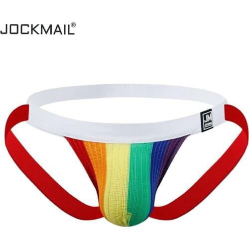 JOCKMAIL Gay Sexy Underwear Jockstraps Athletic Supporter Strap Brief Rainbow White Men Underwear Penis Pouch Mens Lingerie