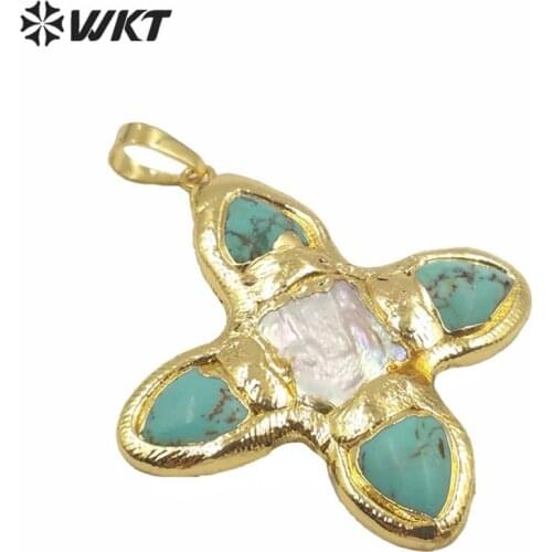 WT-JP216 WKT jewelry exclusive unique design green howllite stone pendant single gold electroplated pearl cross pendant for lady