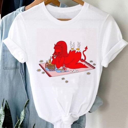 Ladies Cotton T-shirt Picnic Little Girl Pattern Devil Shape Funny Womens Top T-shirt Unique Design Fashion Womens T-shirt