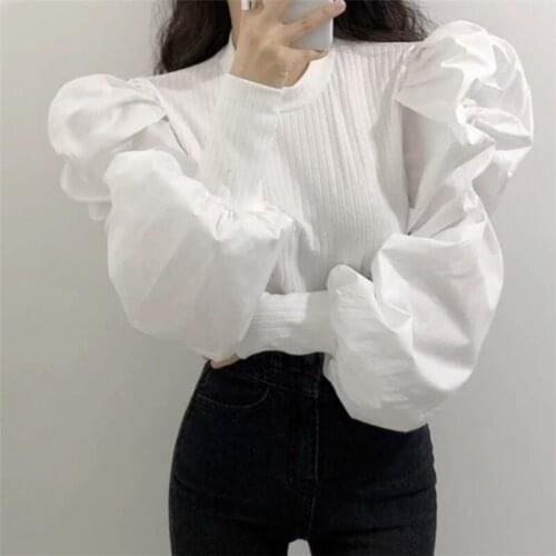 Spring Classic Black And White Blouse New Short Slim Bottoming Tops For Women Retro Bubble Sleeves Spliced Chemisier Femme 12741