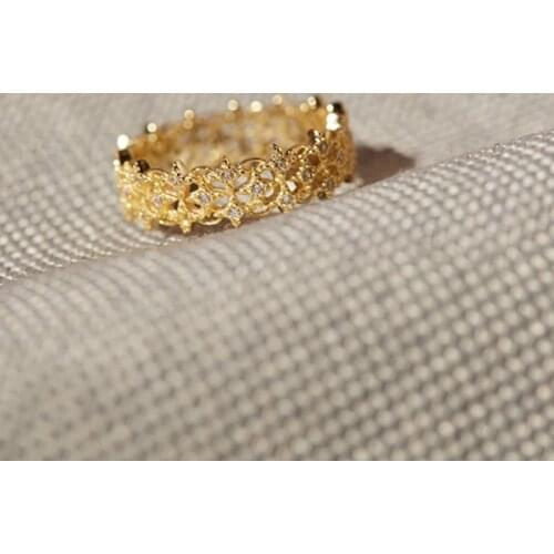 LAMOON 925 Sterling Silver Vintage Princess Hollow Out Lace Mini Zircon Ring 14K Gold Plated Fine Jewelry for Women Gift LMRI085